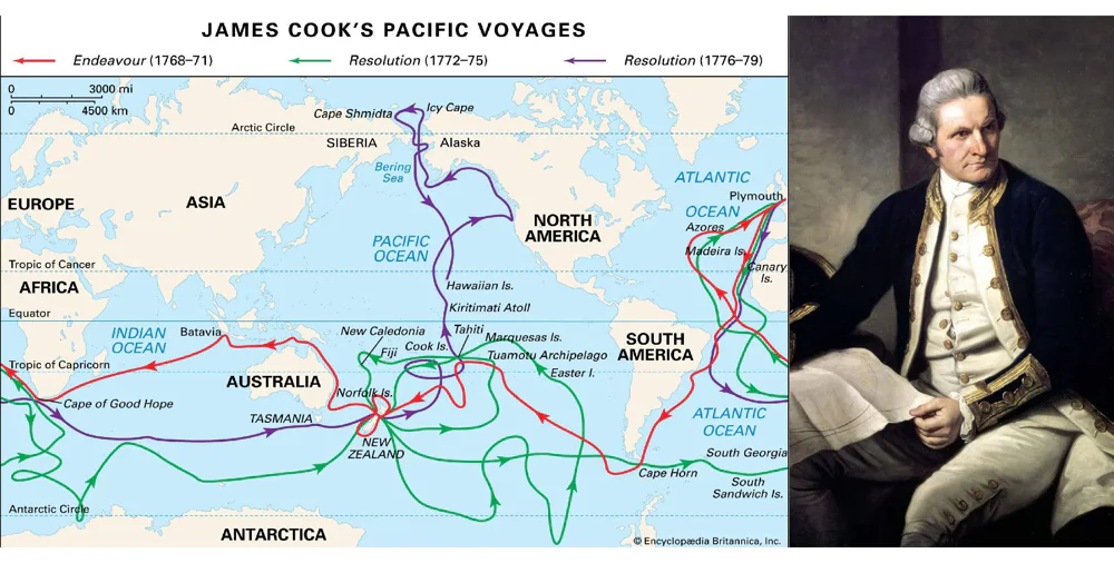 Map of Captain James Cook's Pacific voyages, showing routes that introduced Polynesian tattoo culture to Europe in the 18th century.