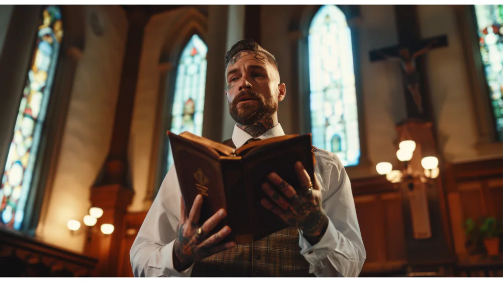 Tattooed man reading a book in a church, symbolizing the cultural shift and acceptance of tattoos in mainstream society.
