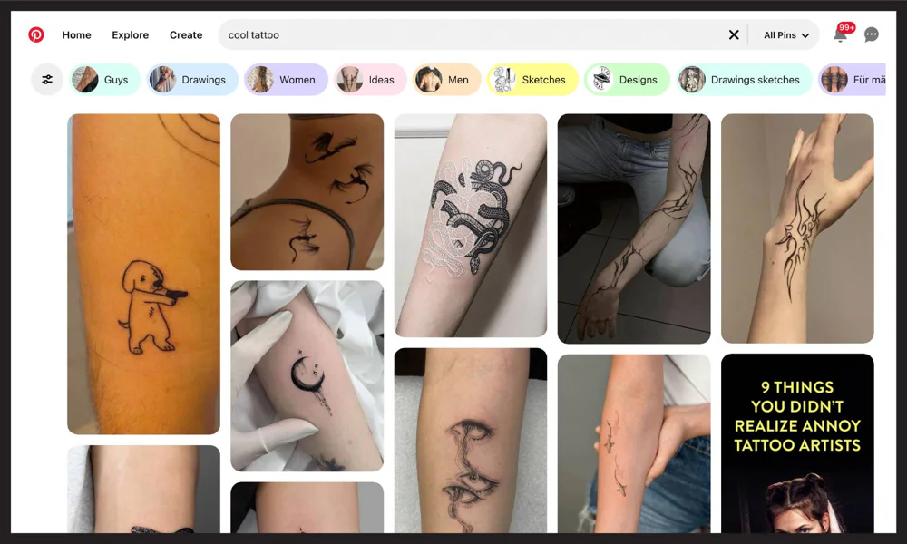 A collage of various tattoo designs, including small animals, abstract shapes, and line art