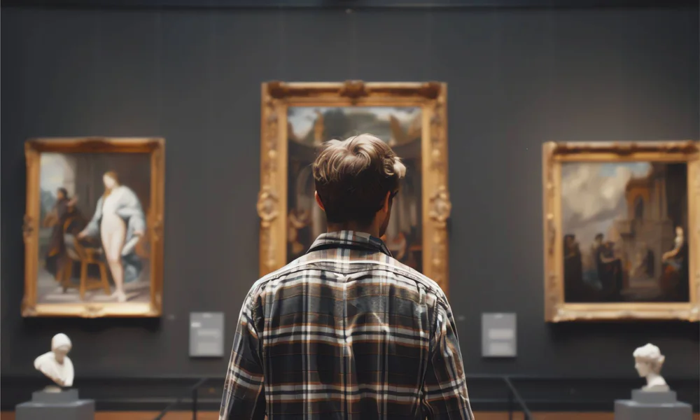 A person standing in front of classical paintings at a museum, admiring the artwork in a gallery setting.