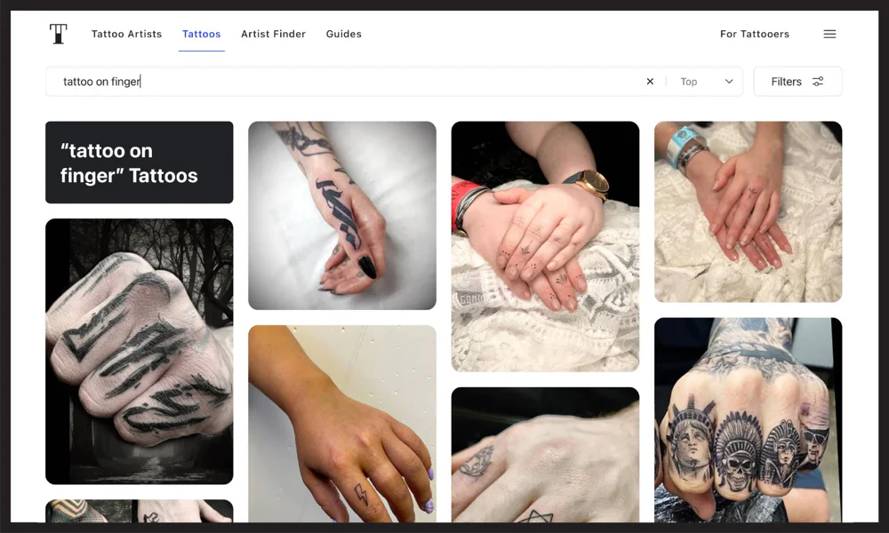A selection of finger tattoos from Tattoodo, featuring intricate black ink designs, symbols, and geometric patterns