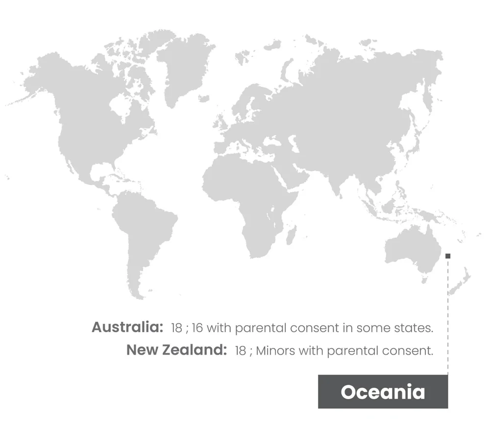 The legal age variations in Australia and New Zealand, with some regions allowing younger individuals with parental consent.
