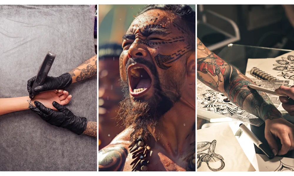 Collage showing the tattooing process: an artist tattooing a wrist, a tribal tattooed man in traditional attire, and a tattoo artist sketching designs on paper.