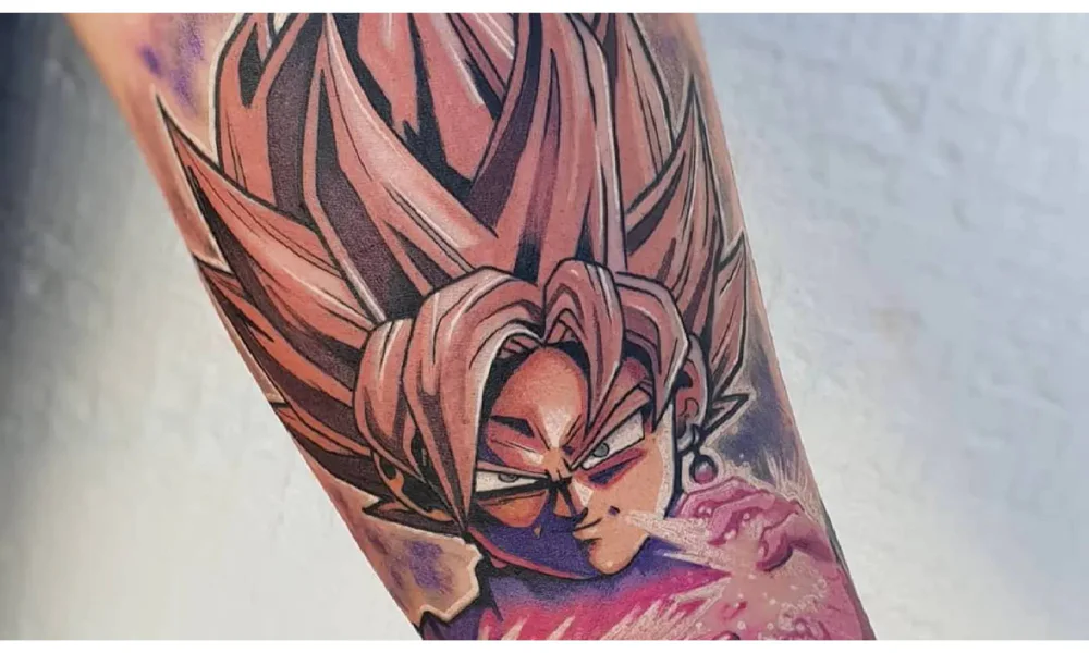 New School tattoo of a Dragon Ball Z character on forearm, featuring bold colors and exaggerated, cartoonish style.