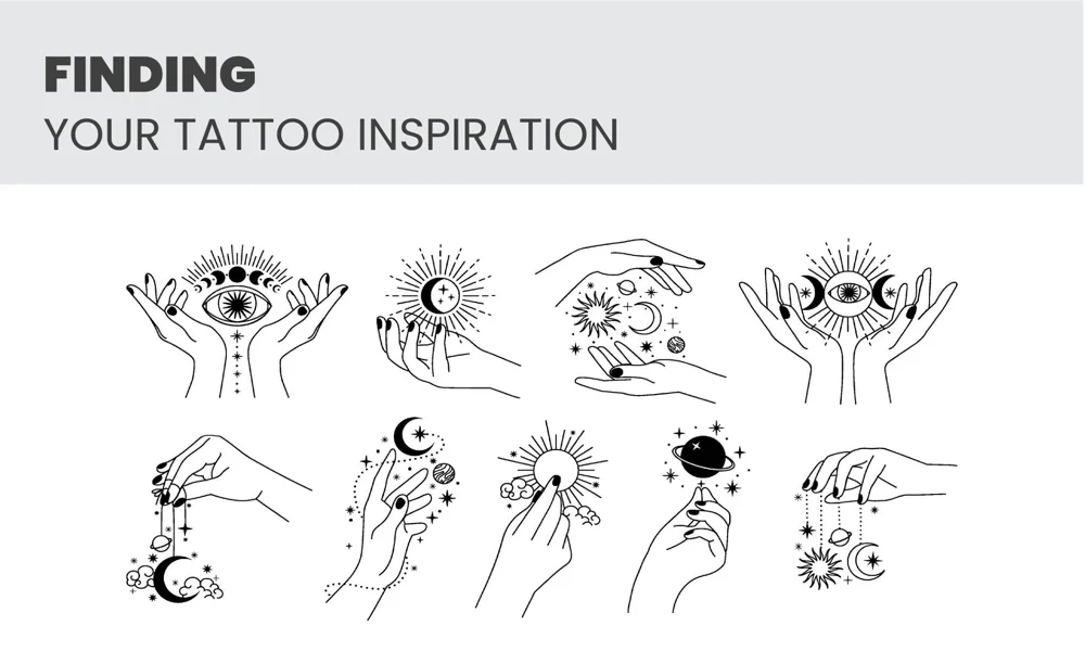 Various hand-drawn tattoo designs featuring celestial themes like stars, moons, and suns, presented in black and white