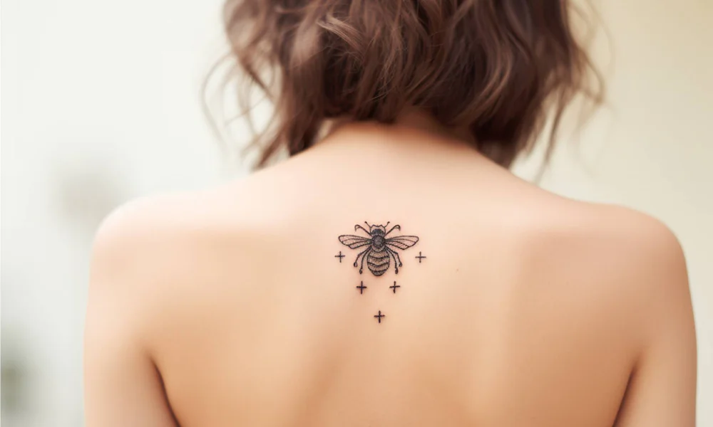 Small bee tattoo on the upper back of a woman, featuring clean lines and minimalistic design