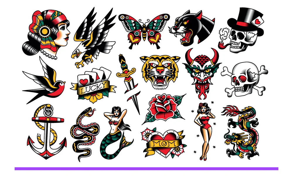 Traditional and old school tattoo style: Collection of traditional tattoo designs featuring bold colors and iconic motifs like roses, anchors, swallows, skulls, and pin-up girls.