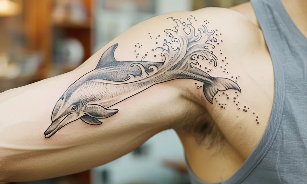 Realistic dolphin tattoo on the upper arm of a man, with detailed shading and water splash effects