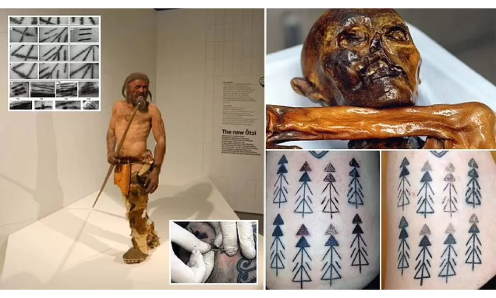 Images of Ötzi the Iceman, the oldest known tattooed body dating back to 3300 BCE, with detailed photos of his therapeutic tattoos, recreated on modern skin.