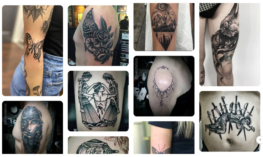 Collage of blackwork tattoos featuring high-contrast, intricate designs, including floral patterns, mythical creatures, and geometric elements.