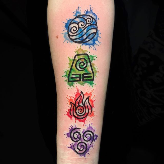 Tina Dimino on Instagram: “Elements watercolor tattoo 🎨 # avatarthelastairbender #avatarthelastairbendertattoo #elementstattoo  #delawaretattoo #delawaretattooartist…”
