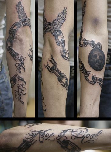 ball and chain tattoo design, like the idea of the chain weaving through  the skin with "slave to the slab" in italian instead of keep it real.  Anklet, lower leg