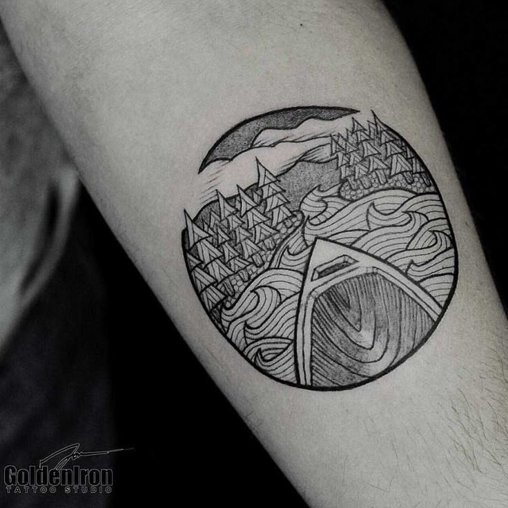 Canoe and landscape tattoo by Jon J Mo - Tattoogrid.net