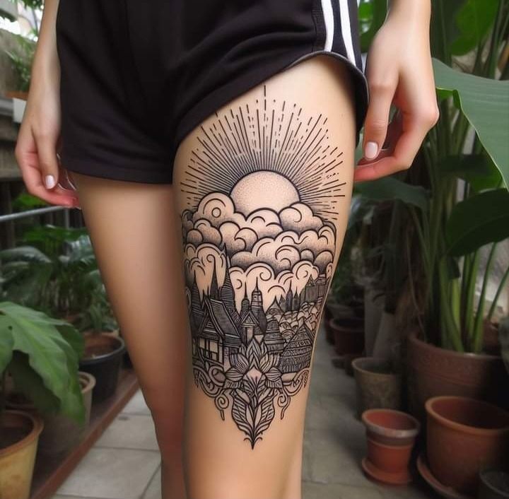 Sunlight thigh tattoo for woman