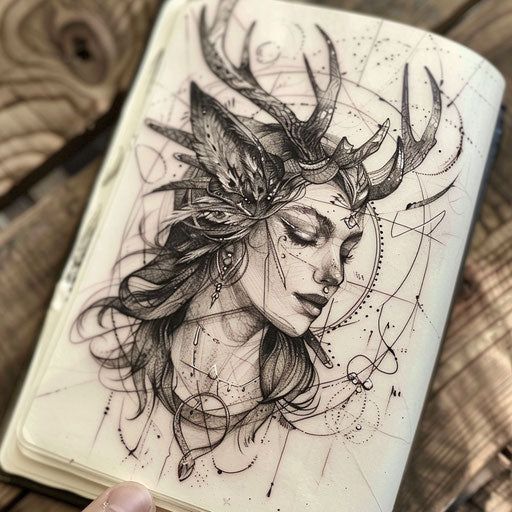 Rustic flat tattoo sketch of Artemis with a traditional folk style deer
