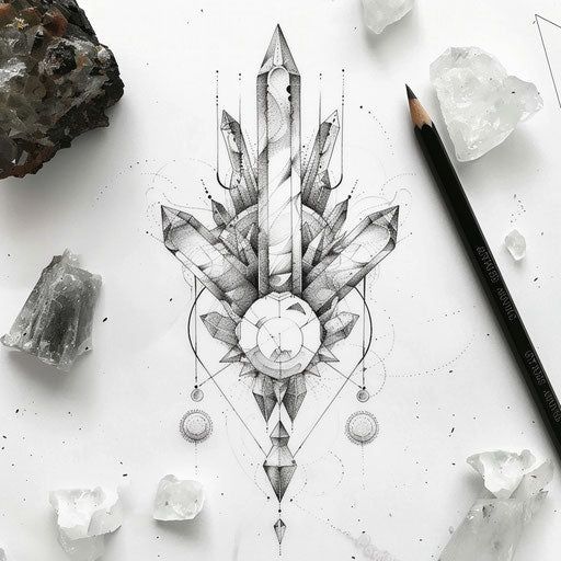 Flat tattoo sketch of a balanced crystal structure in soft gray and white  tones inspired by