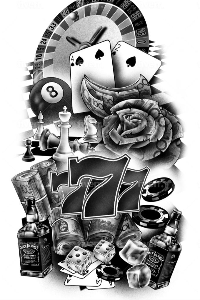 Cool collage tattoo with objects related to gambling and alcohol