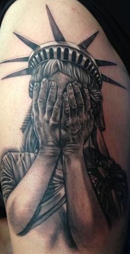 Statue of Liberty Crying Tattoo done by Max Egy at Bohemian Tattoo Club.  "Give me your tired, your poor, Your huddled masses yearning to breathe  free, The wretched refuse of your teeming