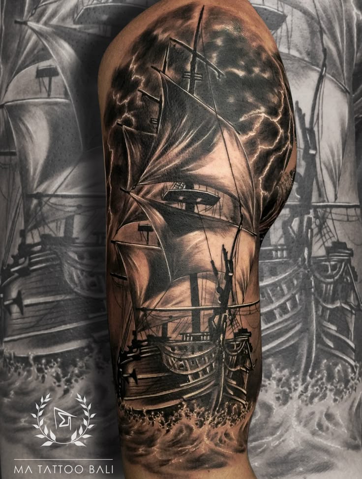 Black and grey Ship Tattoo - Tattoo Ideas - Best Tattoo - Ma Tattoo Bali -  Tattoo by : Prima