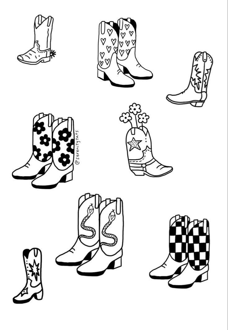 vintage cowgirl/cowboy boot tattoo flash sheet