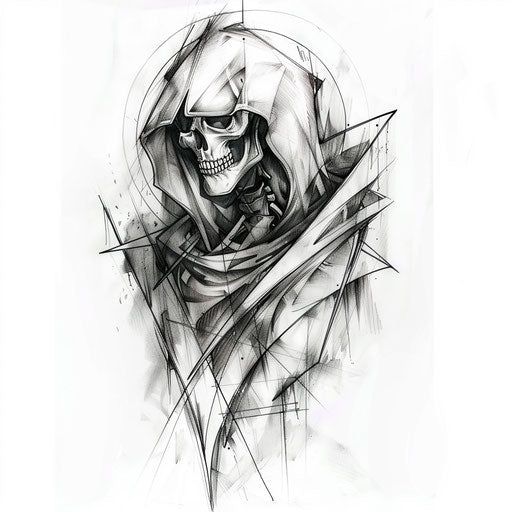 Abstract reaper tattoo design using geometric shapes and grayscale shades,  sketched on a pure white background