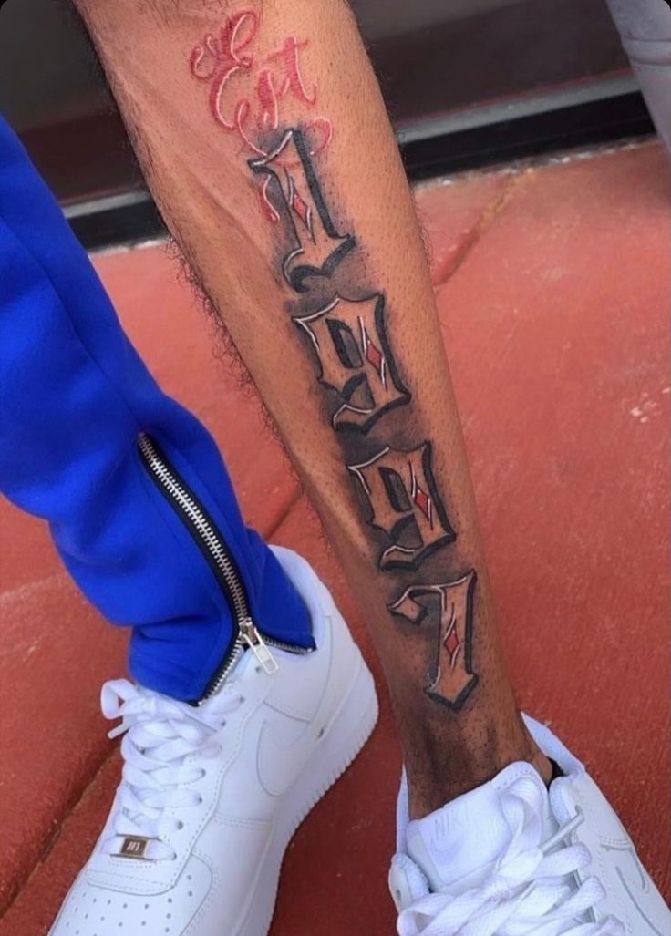 Custom Birth Year On Leg Tattoo | Leg tattoos, Calf sleeve tattoo, Leg  tattoo men