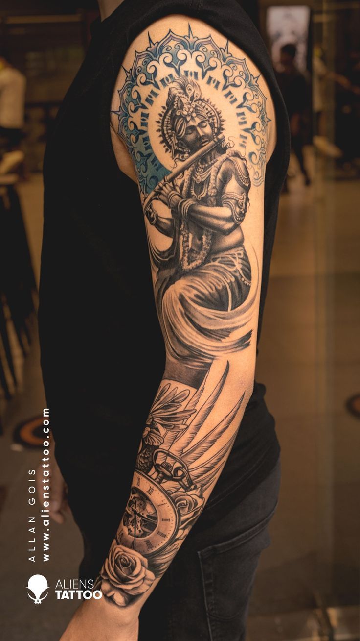 Checkout This Amazing Lord Krishna Full Sleeve Tattoo By Allan Gois At  Aliens Tattoo India