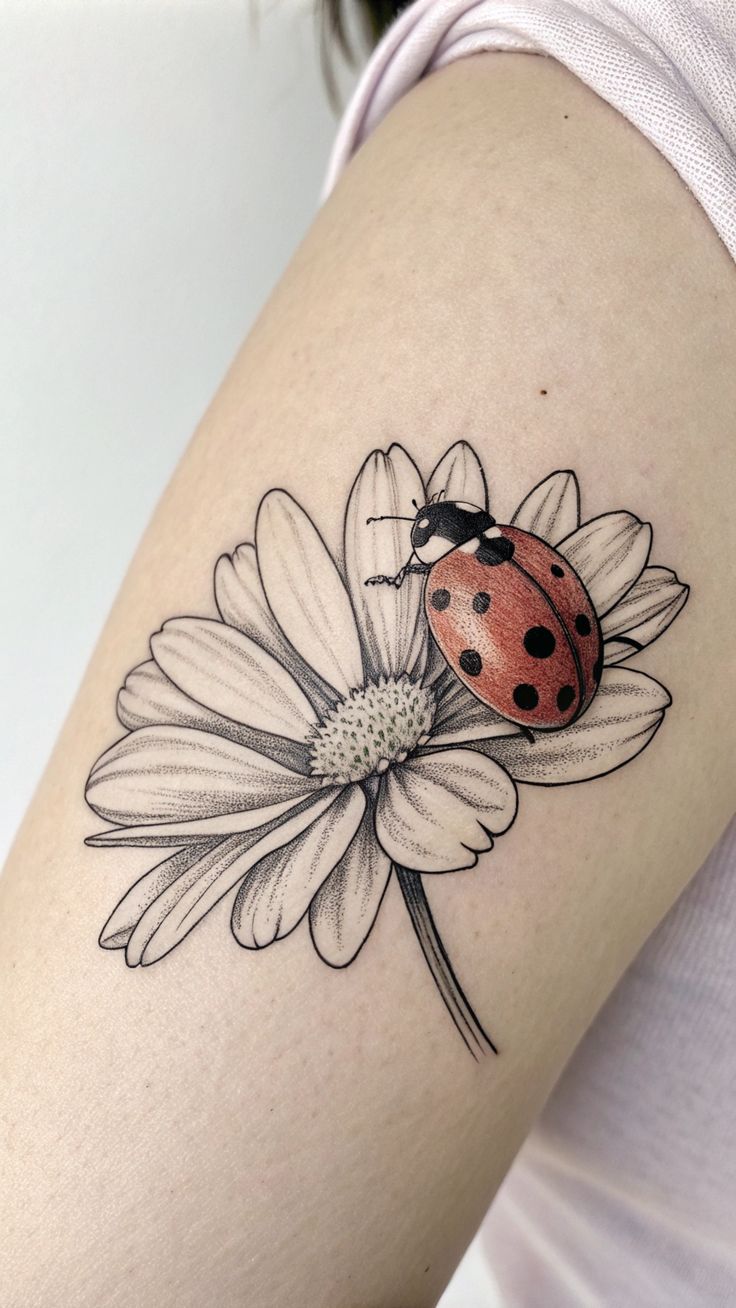 Ladybug on a Flower Petal Tattoo for a Delicate Look