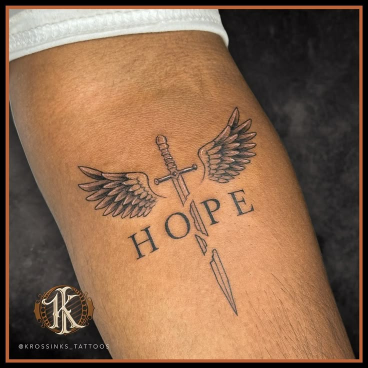This tattoo design would carry deep meaning, with the broken sword showing  past struggles, the wings indicating rising above, and hope as the  unbreakable force tying it all together. . . Artist @