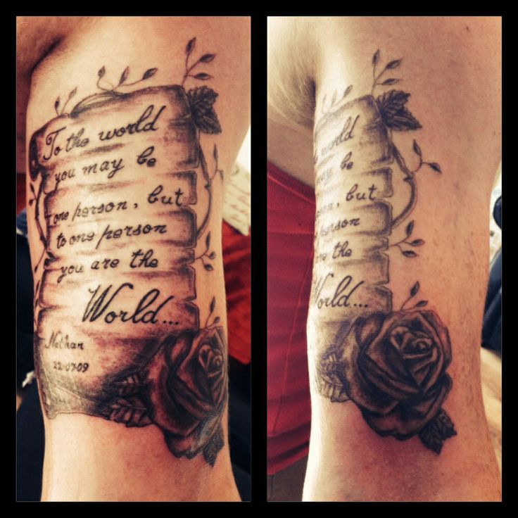 Scroll and rose tattoo | Scroll tattoos, Rose tattoos, Tattoo lettering