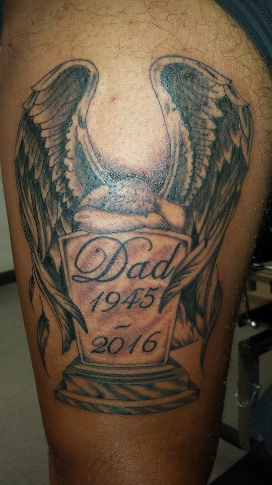 Memory tattoo, rest in peace, crying angel, thigh tattoo, head stone tattoo,  grave stone, angel and grave, personal tattoo