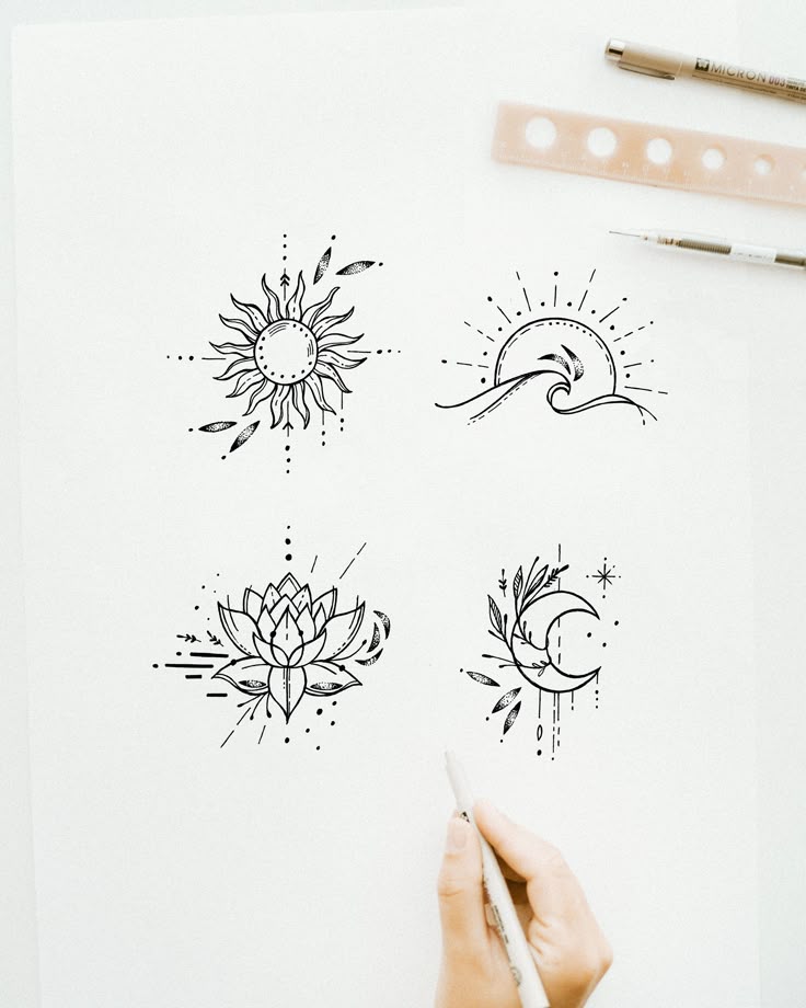 Travel tattoo - sun, wave, surf, moon, lotus line-drawing artwork delicate  small tiny tattoo idea