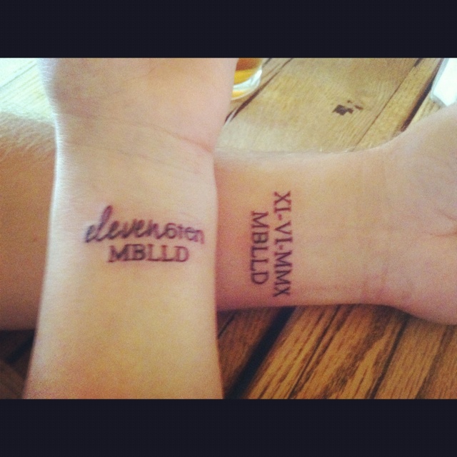 Our wedding date, his in roman numerals and mine in text. Our initials and  our sons initials underneath...Couple Tattoo #Weddingdate #Couples #Tattoo