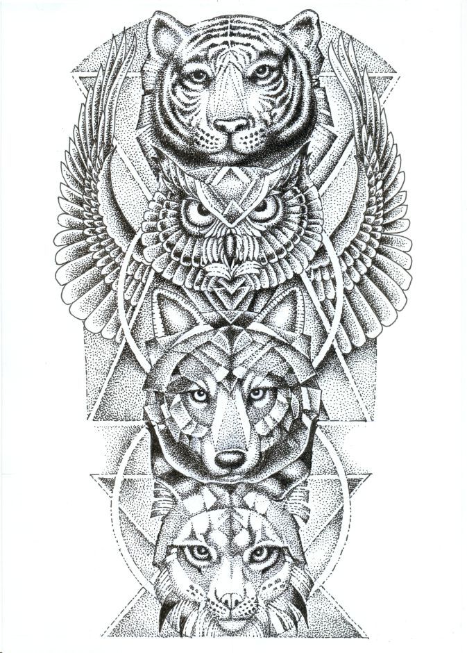Totem Animal Tattoo Sketch: Tiger, Eagle, Wolf Design