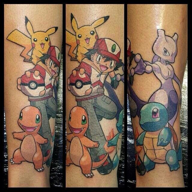 Pokemon Tattoo. Charmander, Pikachu, Ash, Squirtle, and Mewtwo.