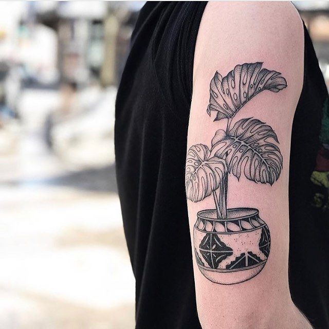 Monstera pot tattoo on the arm - Tattoogrid.net