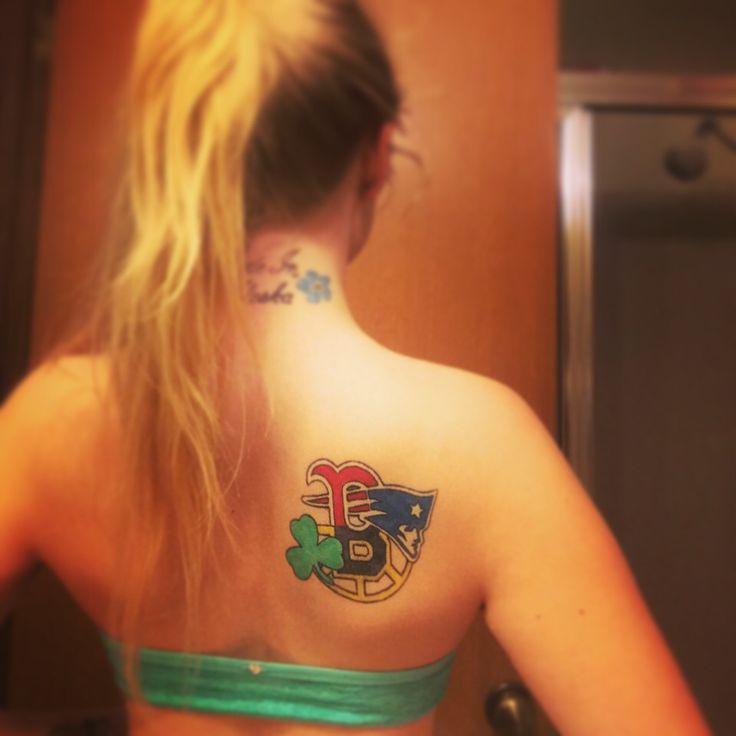 Boston Sports tattoo. New England Patriots, Boston Red Sox, Boston Bruins,  Boston Celtics. Done by Ashton Allen @ Pair-A-Dice tattoo in Juneau, Alaska