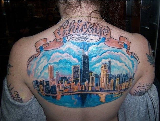 beautiful tattoo year of the Chicago skyline on this individual back. Big  tattoo I don't know if I would go this far as to get such a humongous tattoo  on my body