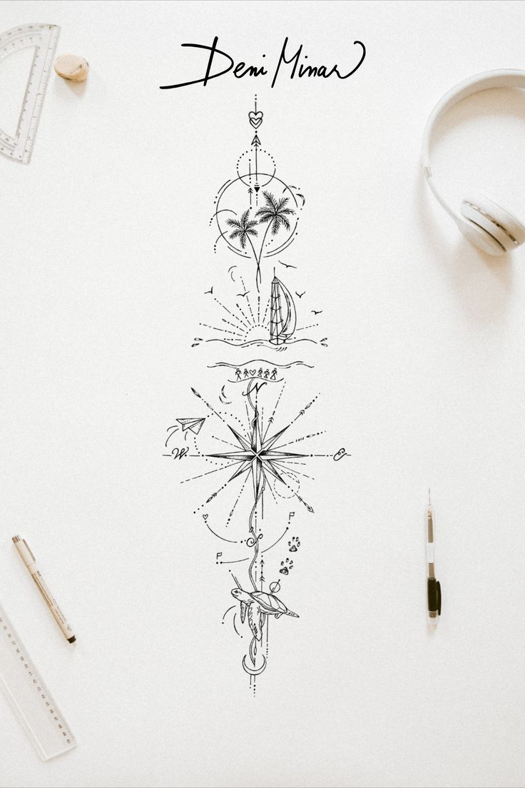 Travel lover delicate tattoo idea: custom line-drawing with beach, compass  and turtle