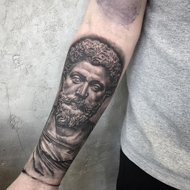 Stoicism #MarcusAurelius #Repost @burninktattoo Marcus Aurelius on  @dpatta95 thanks again! Very little is needed to make a happy life; it is  all within yourself in your way of thinking. M.A. #quebectattooshops  #canadatattoo #