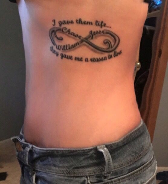 My new tattoo kids names, infinity. I gave them life they gave me a reason  to live. Rib tattoo