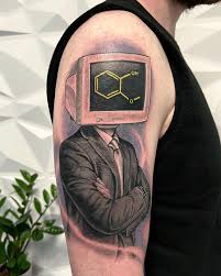 First tattoo for a cool scientist. This design was created as a tribute to  his research on a newly discovered molecule that he studied using quantum  computing simulations. He has since moved