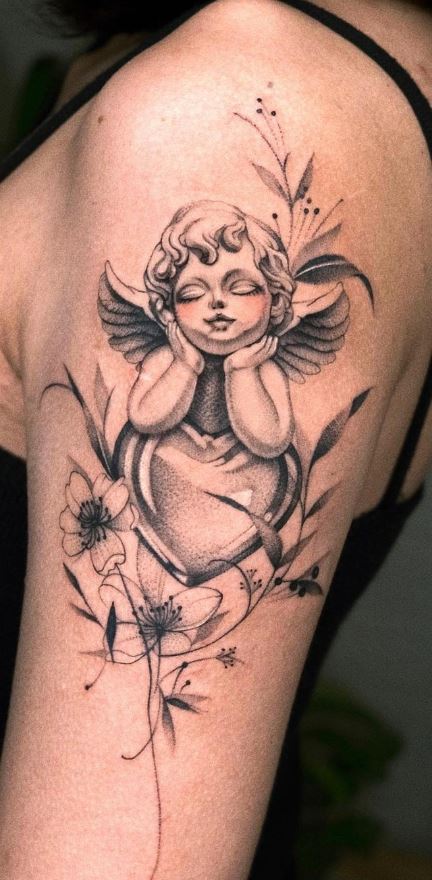 Angel Holding Flowers Tattoo