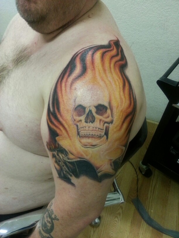 Ghost rider tattoo completed after 3 two hour sessions