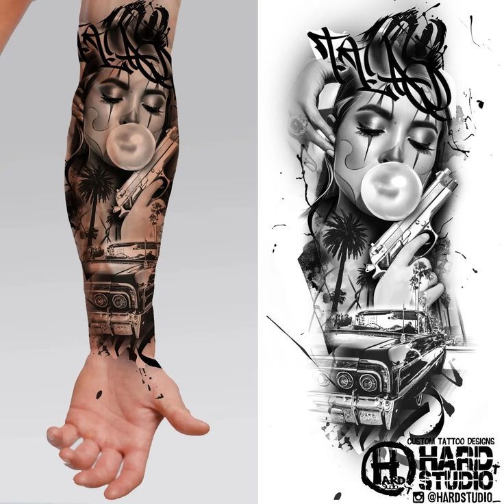 Custom Tattoo designs | woman | retro car | forearm | gun | gum | tatto  design by the order|