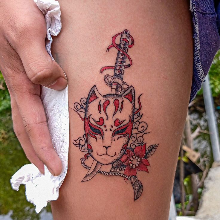 anbu mask x katana x sakura red and black tattoo #PhilippineTattoo  #KapampanganTattoo