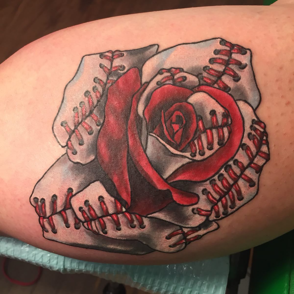 tattoobymark at #dinosaurstudiotattoo of a #baseball #rose #tattoo…