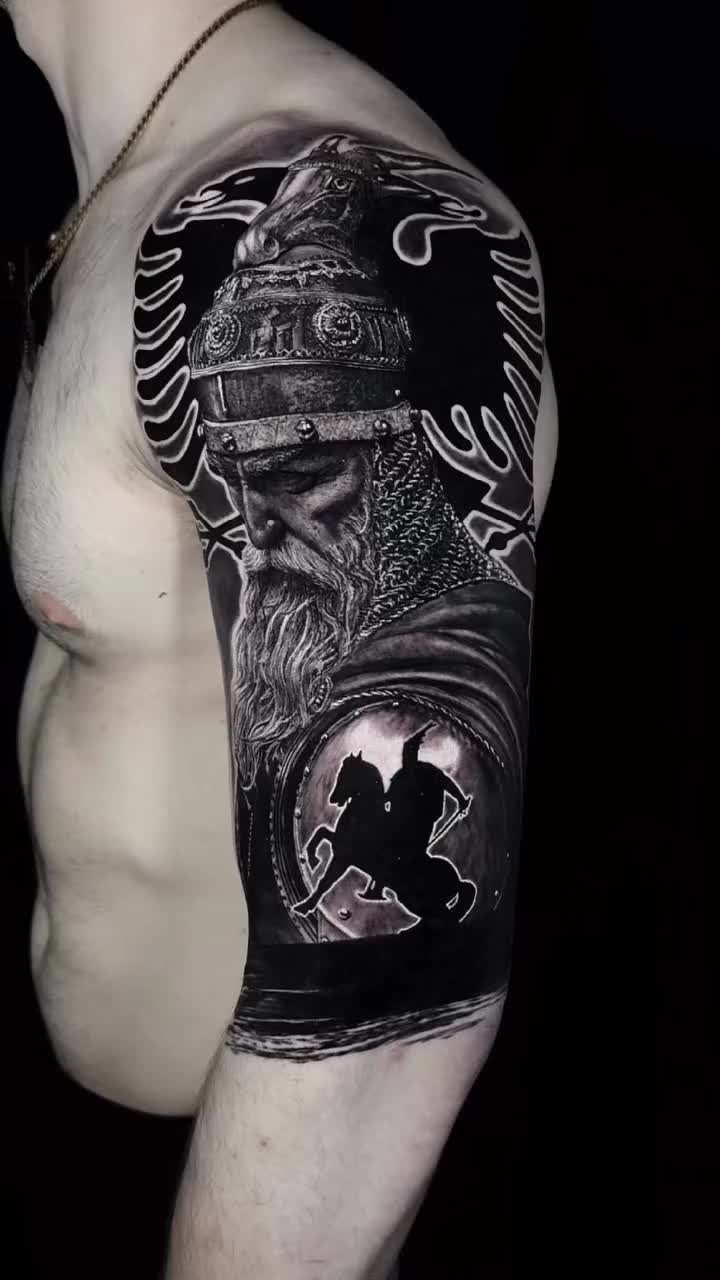 Etgar Oak AkA Edgars Ozols on Instagram: "Black And Gray Photo Realism  Albanian Hero Skandenberg Tattoo On Shoulder . tattoo #tattoos #tattooart  #warriortattoo… [Video] [Video] in 2025 | Shoulder ...