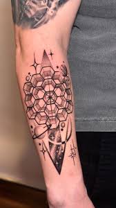 Geometric abstract Science tattoo idea… here is an abstract take of James  Webb telescope mixed with black and gray space, stars and planets theme… I  used contrasting bold and fine lines, smotthe ...