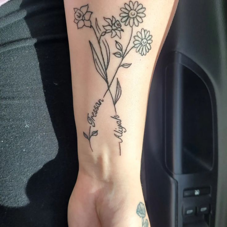 Birth date flower arm tattoo for my daughters🌸